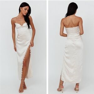 Saints & Secrets Winter Moon Champagne Satin Strapless Lace Trim Slit Midi Dress